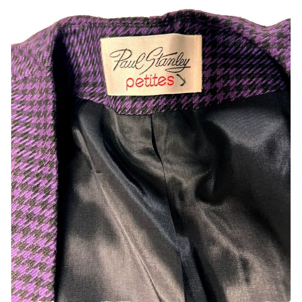 VTG Paul Stanley Women's Open Blazer Purple Black Houndstooth Size 8 Petite Long